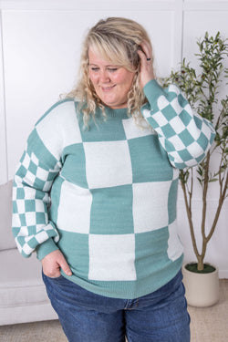 Checkered Pullover Sweater - Dusty Jade