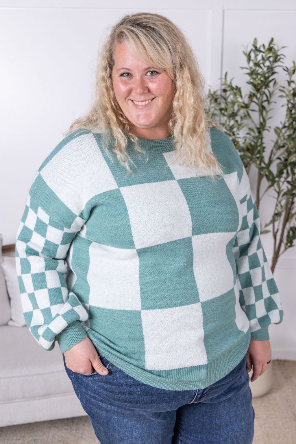 Checkered Pullover Sweater - Dusty Jade