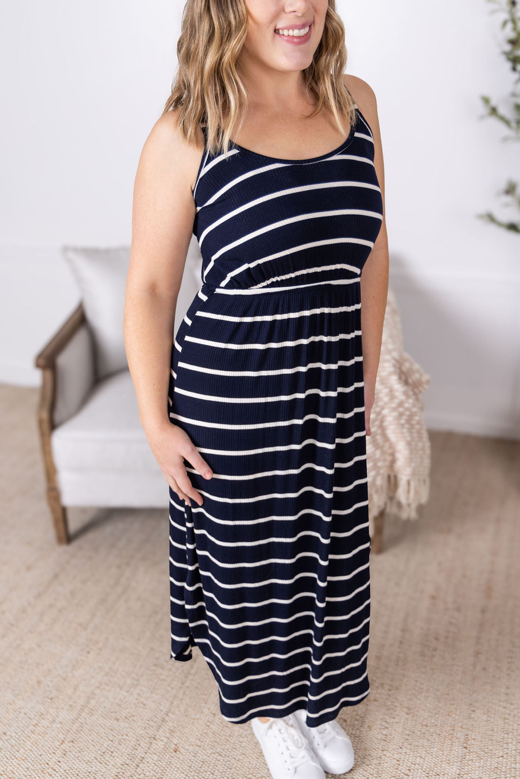 Reagan Ribbed Midi Dress - Midnight Navy Stripes
