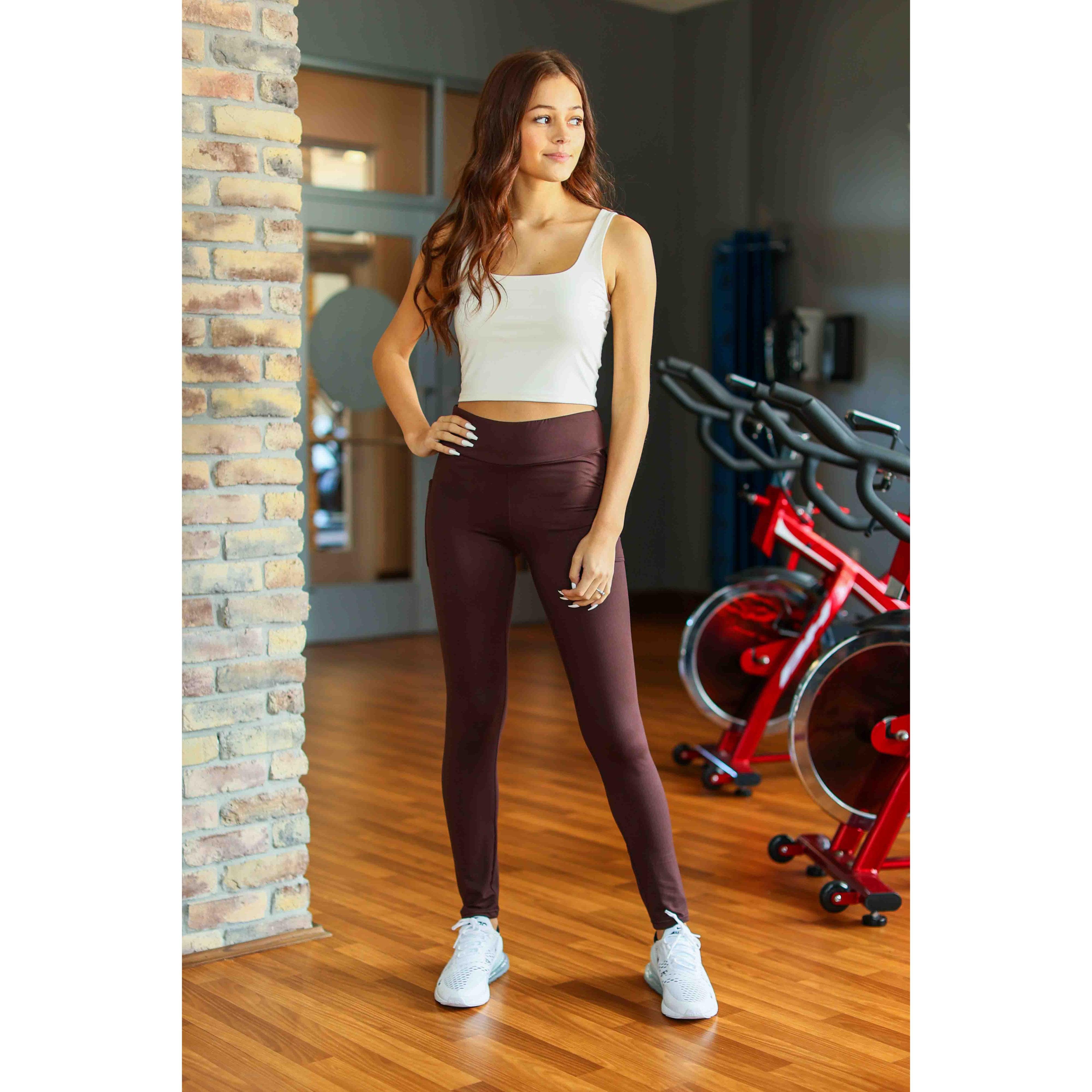 Buttery soft brown leggings for women, High-waisted brown leggings with side pockets.
