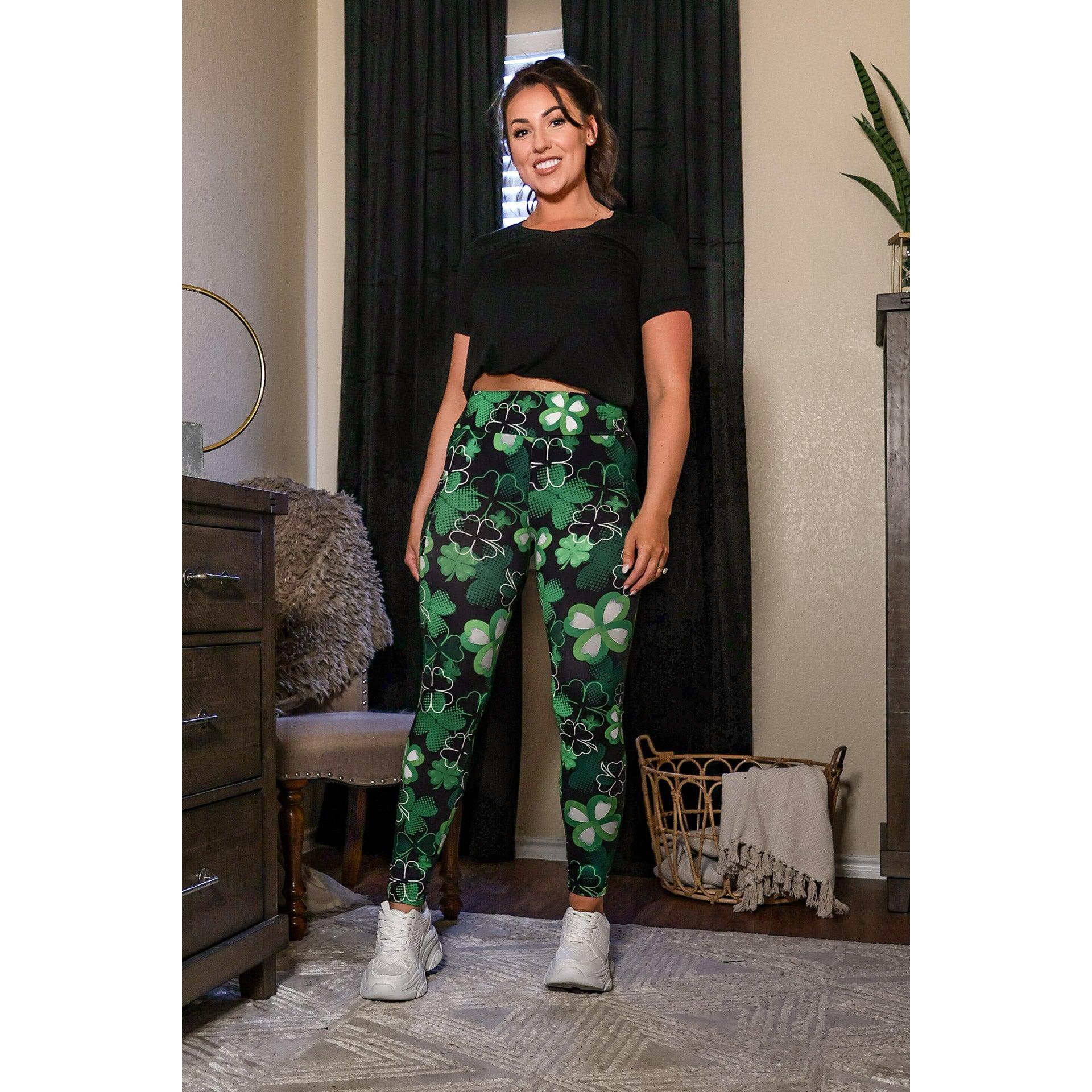 Buttery soft shamrock leggings for women by Julia Rose Festive green St. Patrick’s Day leggings