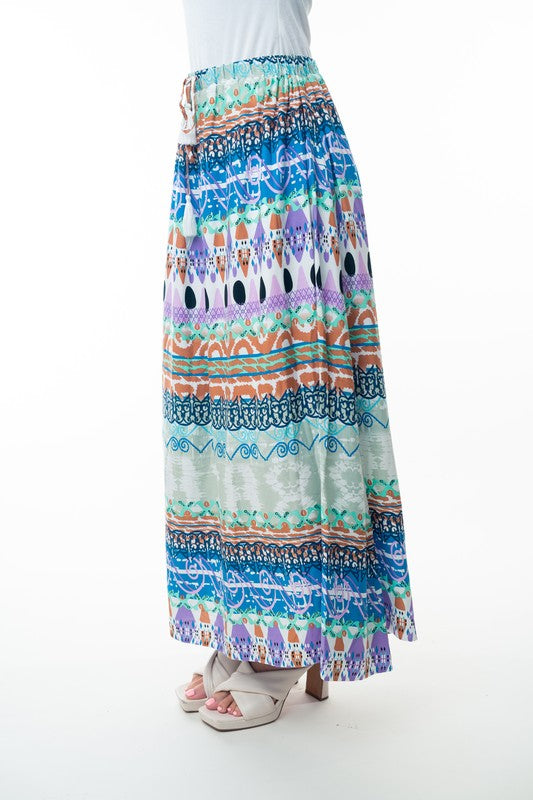 Printed Elastic Waist Band Long Skirt with Tassels in Sage