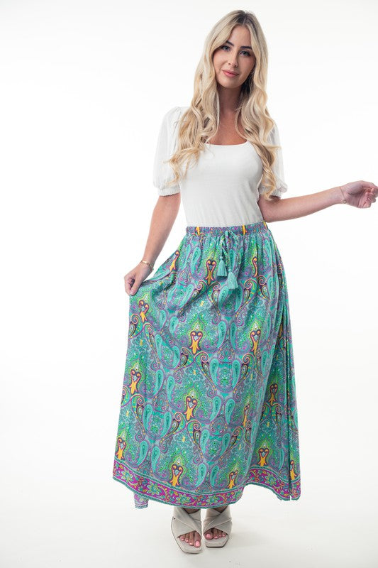 Printed Elastic Waist Band Long Skirt with Tassels in Mint