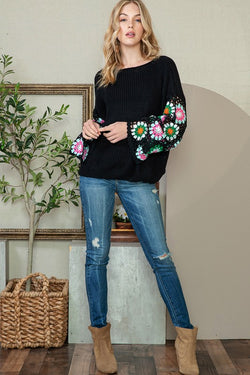 Black Floral Crochet Bell Sleeve Loose Sweater