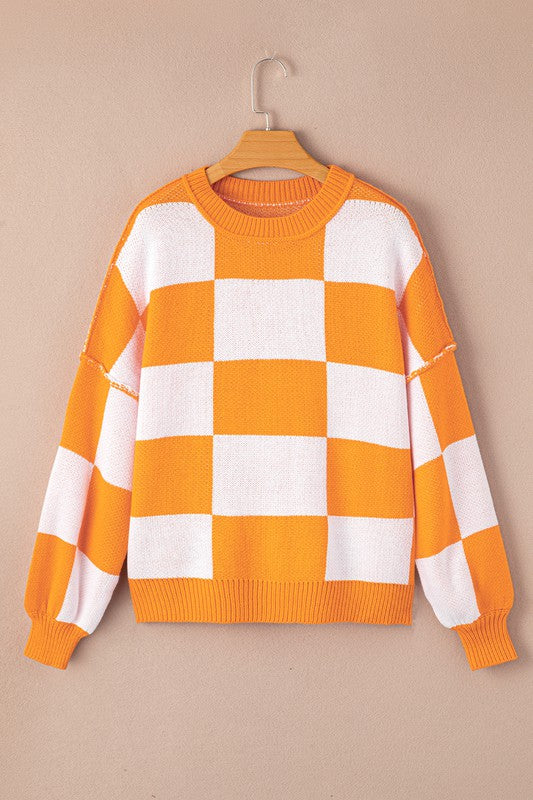 Pink Checkered Bishop Sleeve Sweater