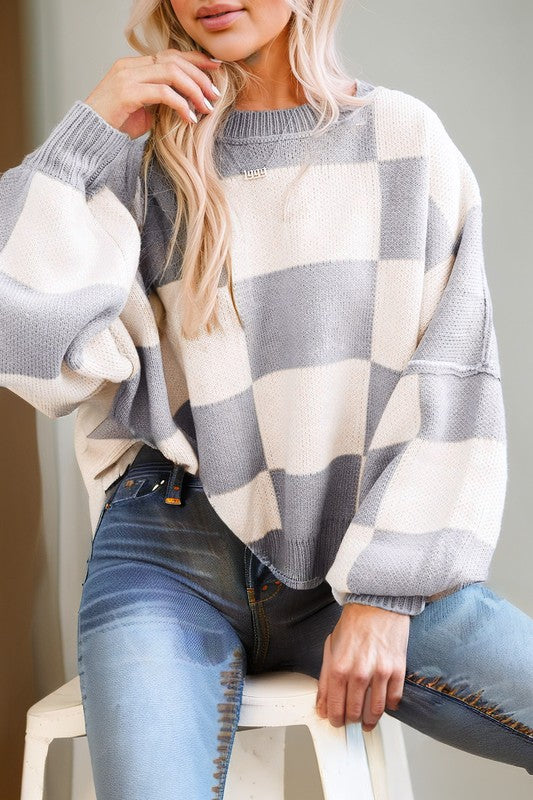 Pink Checkered Bishop Sleeve Sweater