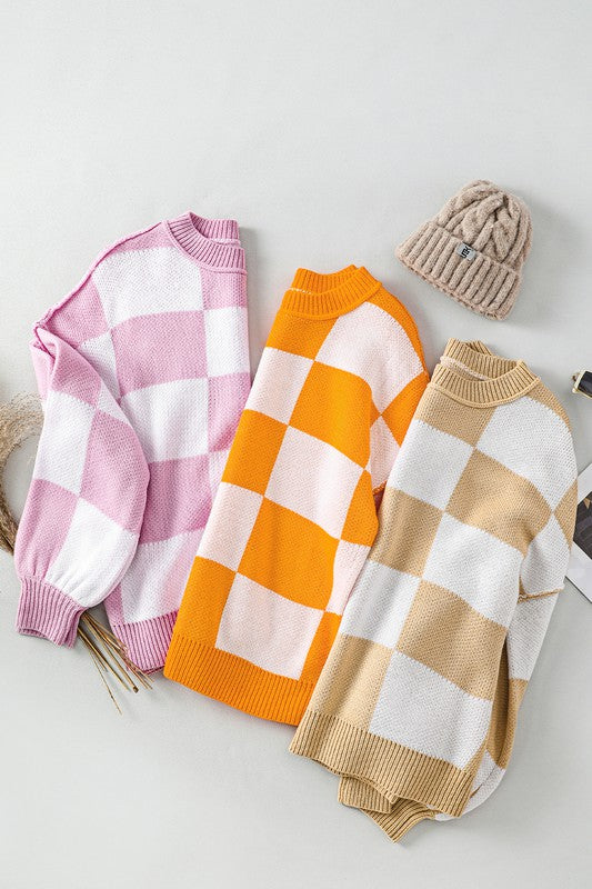 Pink Checkered Bishop Sleeve Sweater