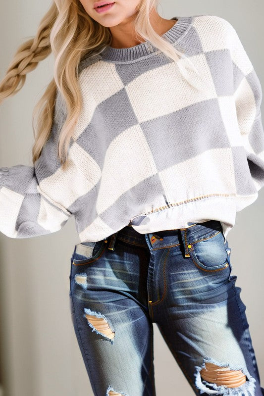 Pink Checkered Bishop Sleeve Sweater