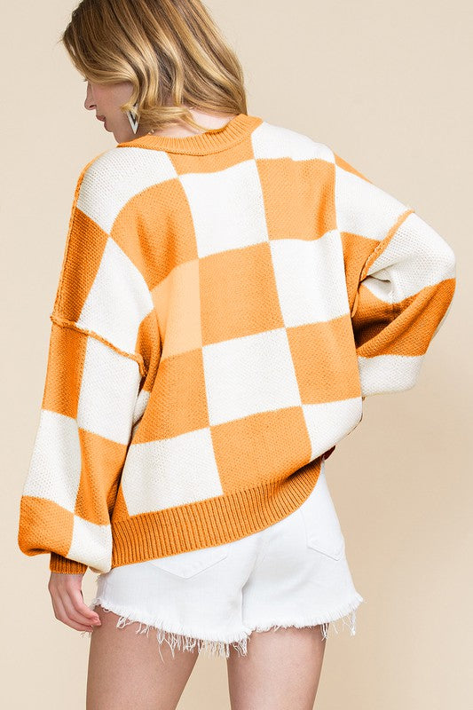 Pink Checkered Bishop Sleeve Sweater