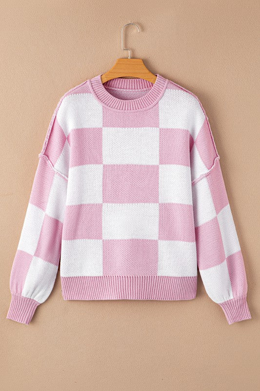 Pink Checkered Bishop Sleeve Sweater