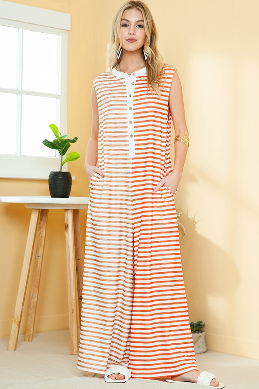 Striped Pocketed Baggy Wide Leg Jumpsuit