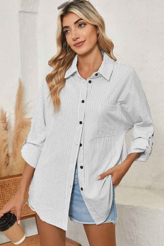 Stripe Roll-tab Sleeve Pocketed Long Shirt