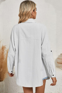 Stripe Roll-tab Sleeve Pocketed Long Shirt