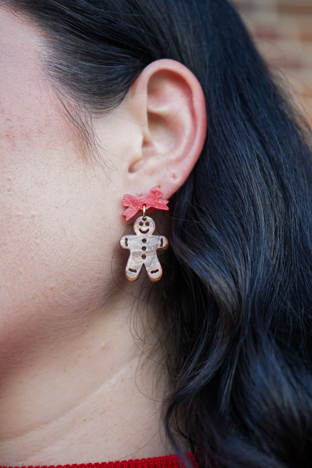 Bow Gingerbread Earrings - Red Shimmer