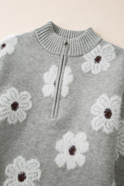 Floral Pattern Drop Shoulder Half Zip Sweater