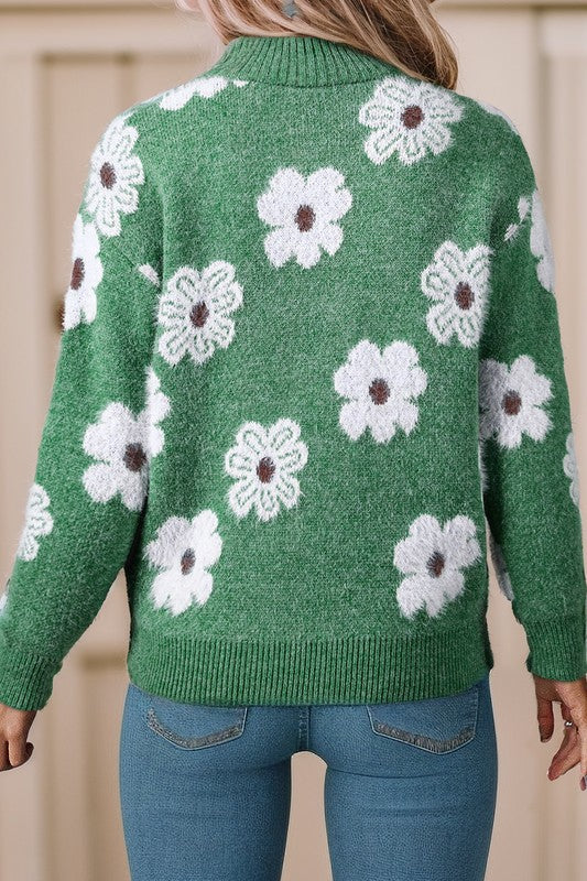 Floral Pattern Drop Shoulder Half Zip Sweater