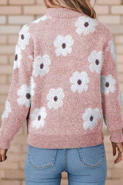 Floral Pattern Drop Shoulder Half Zip Sweater