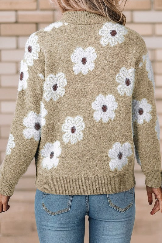 Floral Pattern Drop Shoulder Half Zip Sweater