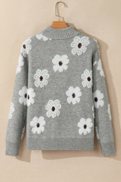 Floral Pattern Drop Shoulder Half Zip Sweater