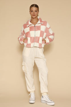 Fuzzy checkered zip front jacket