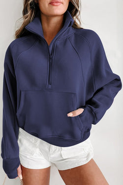 Stand Collar Ribbed Thumbhole Sleeve Sweatshirt