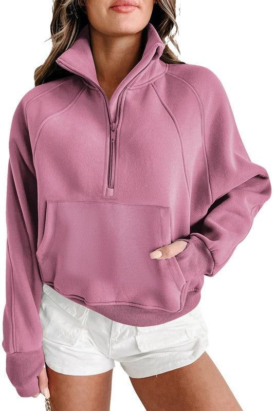 Stand Collar Ribbed Thumbhole Sleeve Sweatshirt