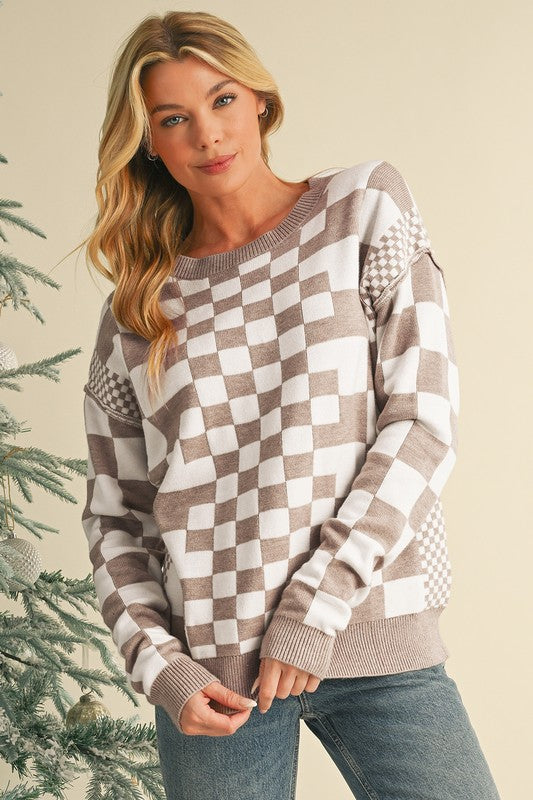 Checkered Drop Shoulder Round Neck Sweater