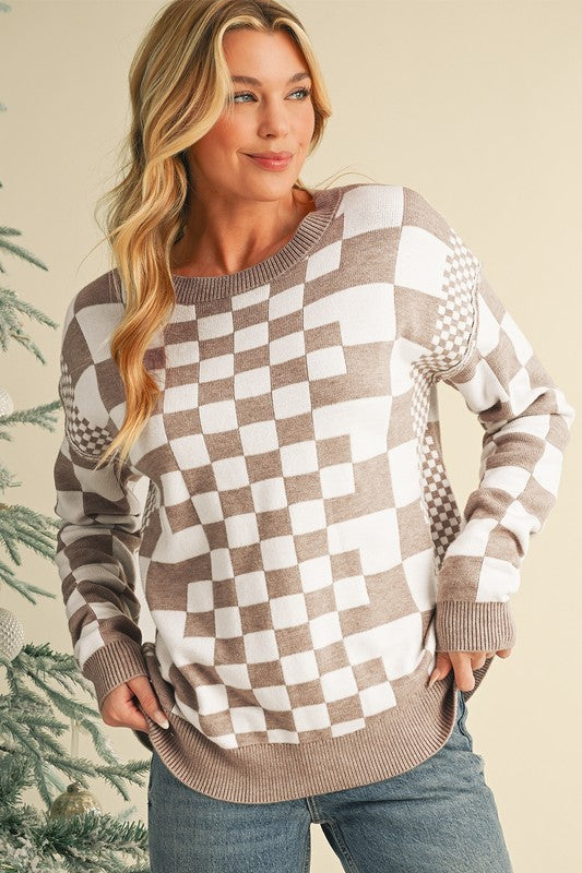 Checkered Drop Shoulder Round Neck Sweater