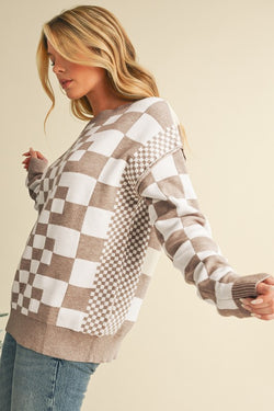 Checkered Drop Shoulder Round Neck Sweater