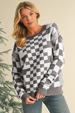 Checkered Drop Shoulder Round Neck Sweater