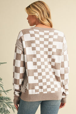 Checkered Drop Shoulder Round Neck Sweater