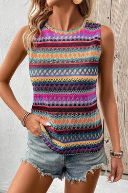 Women Wavy Pattern Round Neck Sleeveless Top