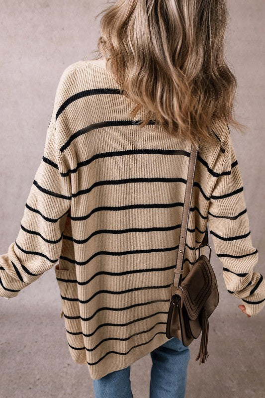 Stripe Side Pockets Open Front Cardigan