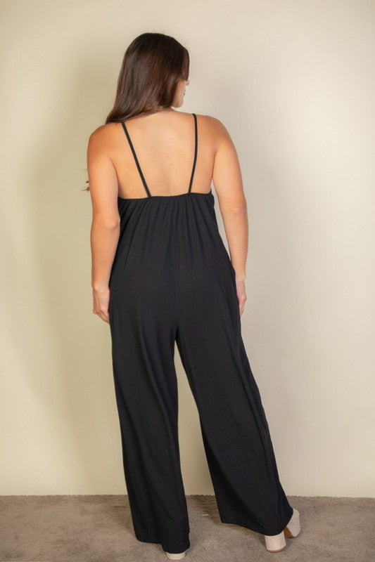 Plus Spaghetti strap solid wide jumpsuit