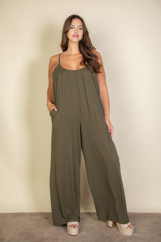 Plus Spaghetti strap solid wide jumpsuit