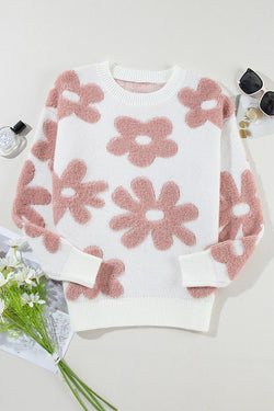 Women Flower Drop Shoulder Loose Sweater