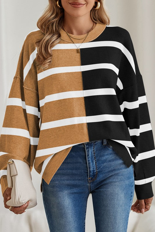 Striped Colorblock Drop Shoulder Sweater