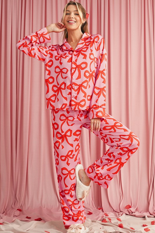 Bow Button Up and Loose Pants Pajama Set