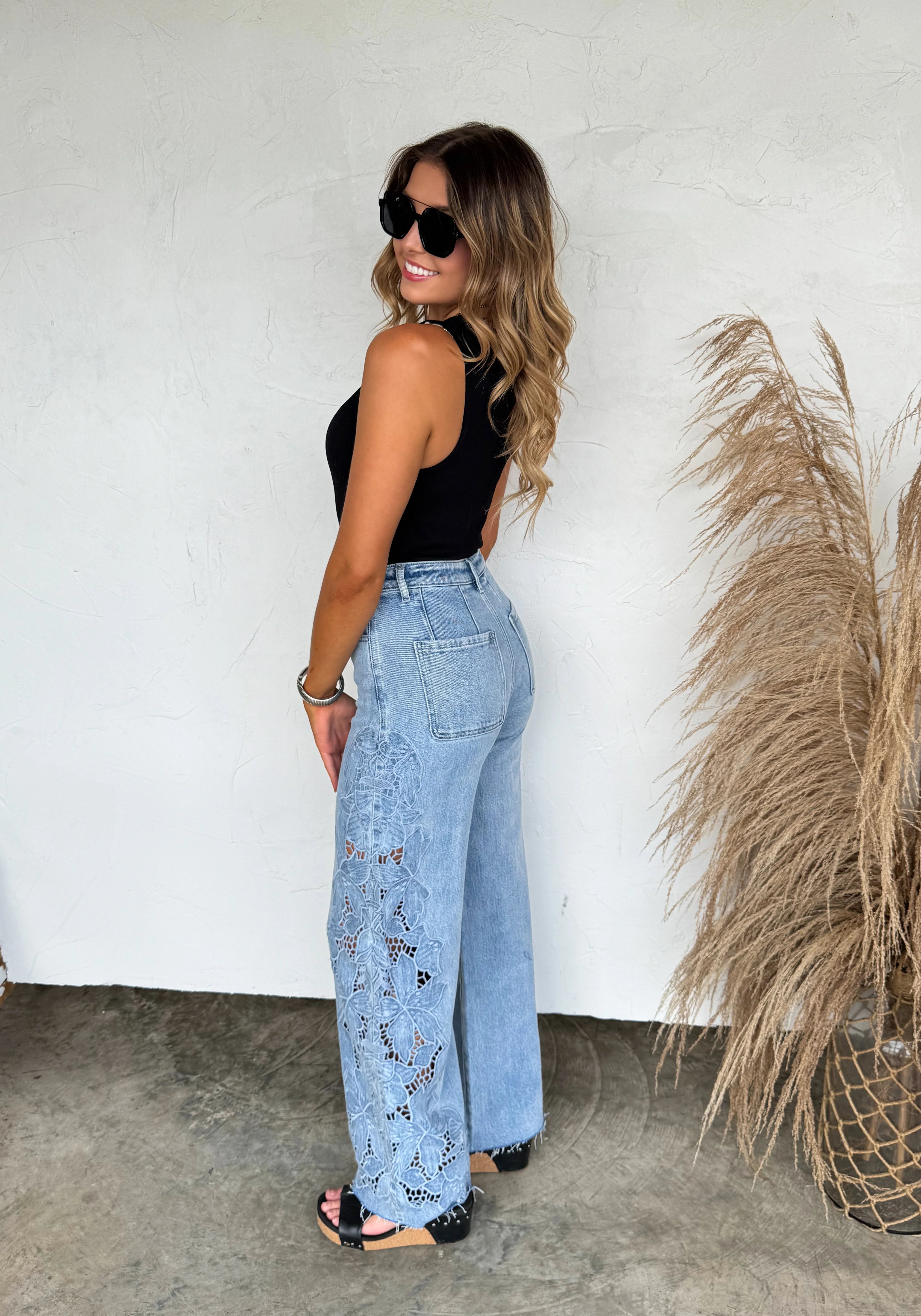 PREORDER-  FLORAL CHARM WIDE LEG JEAN