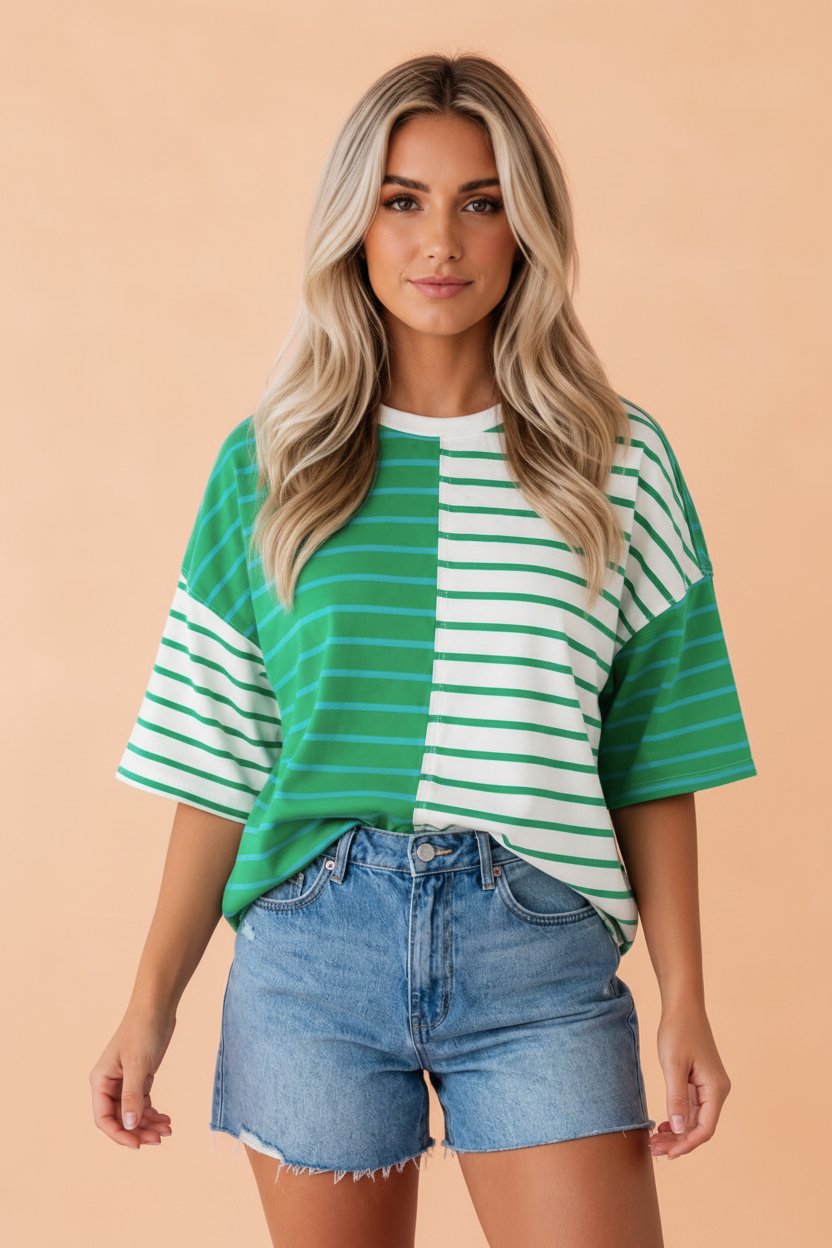 Stripe Colorblock 3/4 Sleeve Loose Tee