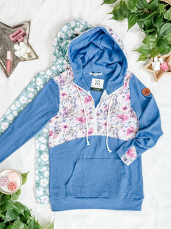 HalfZip Hoodie - Pink and Periwinkle Abstract Floral and Blue