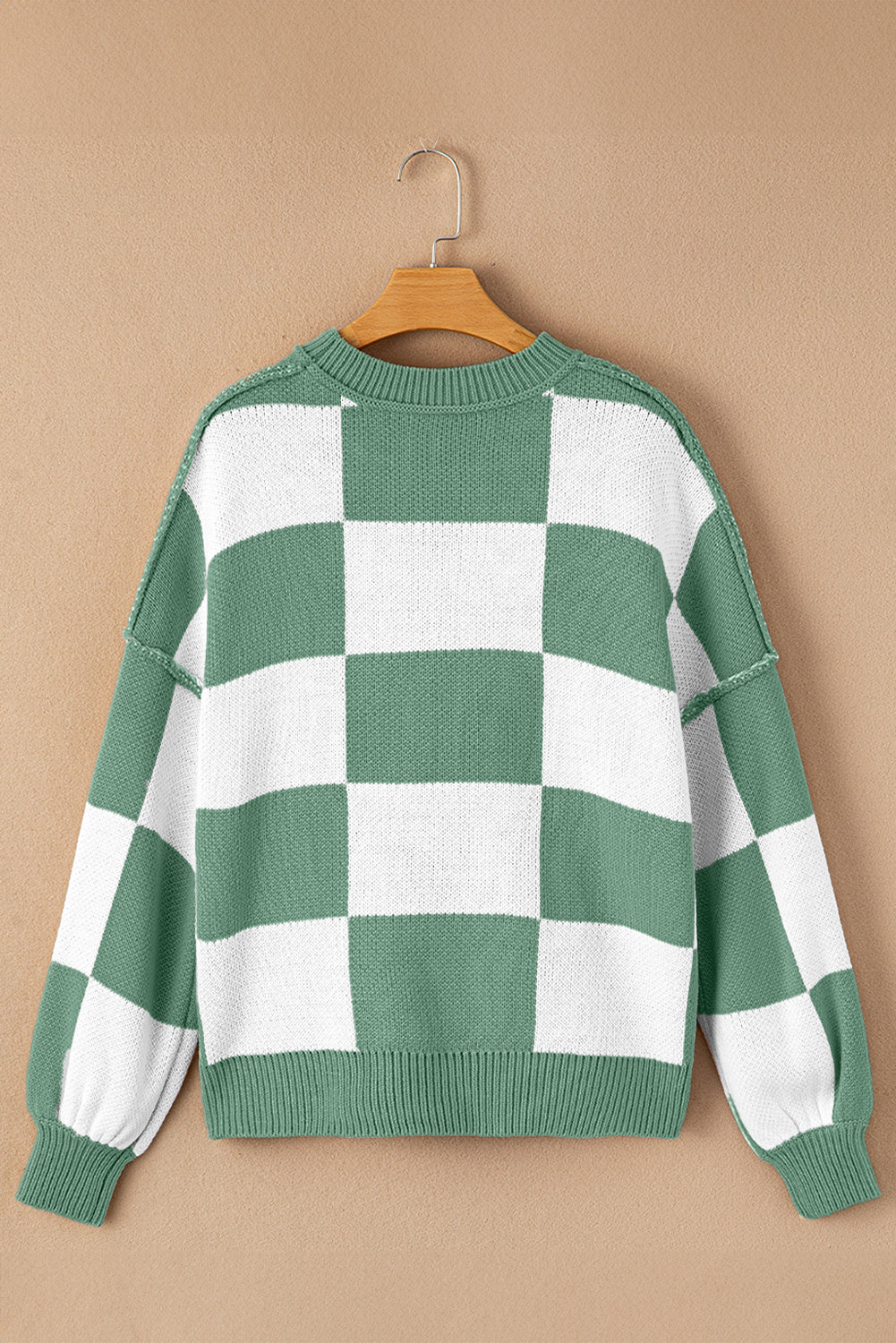 Checker Exposed Seam Drop Shoulder Long Sleeve Sweater