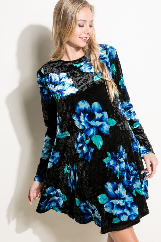 FLORAL PRINT VELVET SWING MINI DRESS