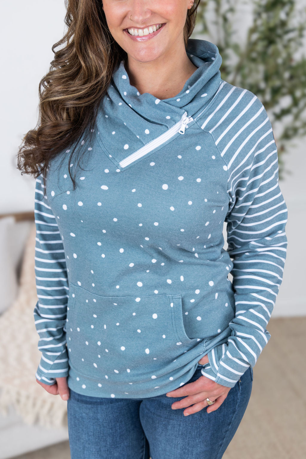 Zoey ZipCowl Sweatshirt - Teal Dots and Stripes