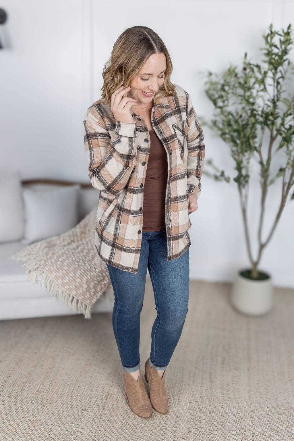 Norah Plaid Shacket - Beige Mix Plaid