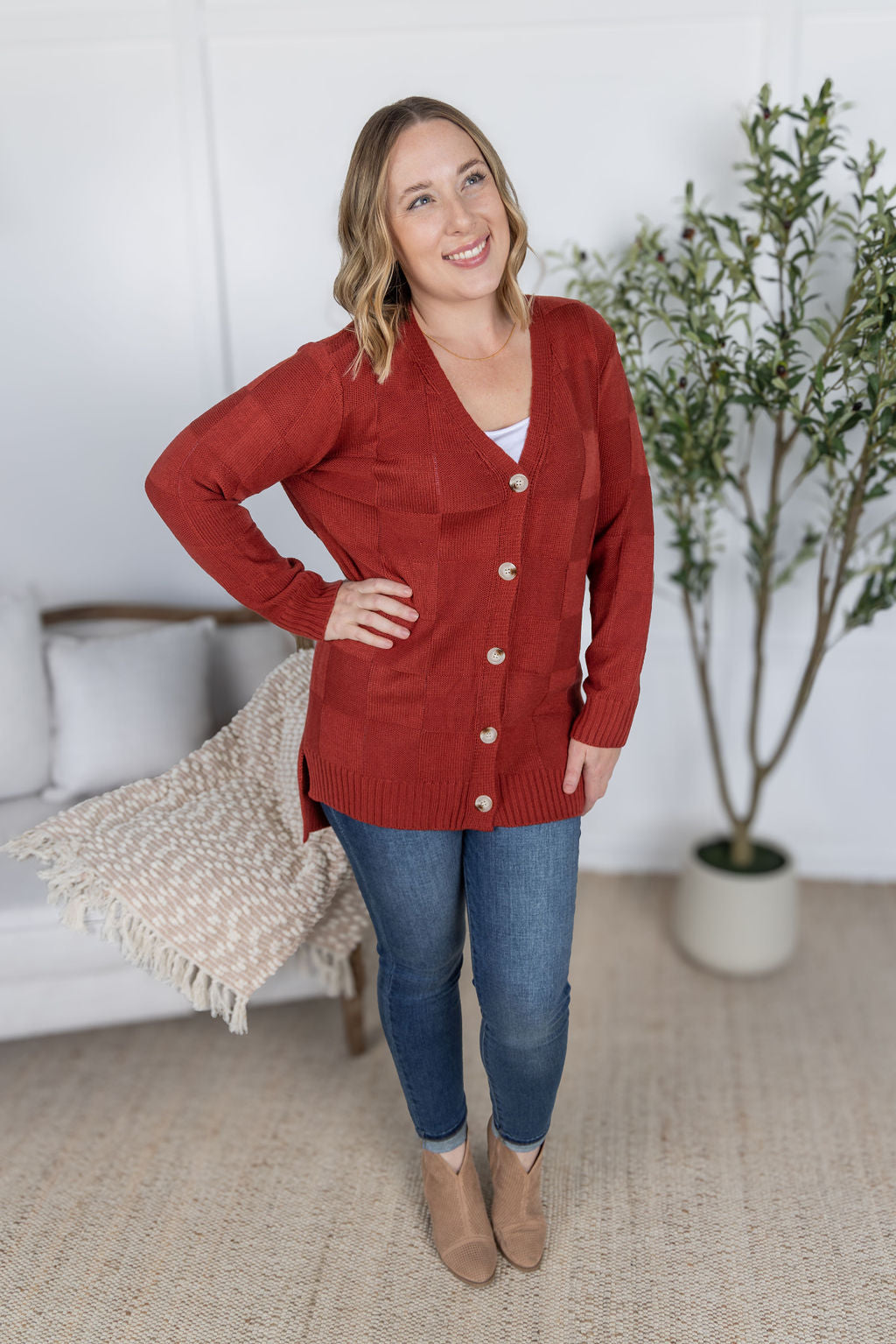 Chelsea Checkered Cardigan - Brick