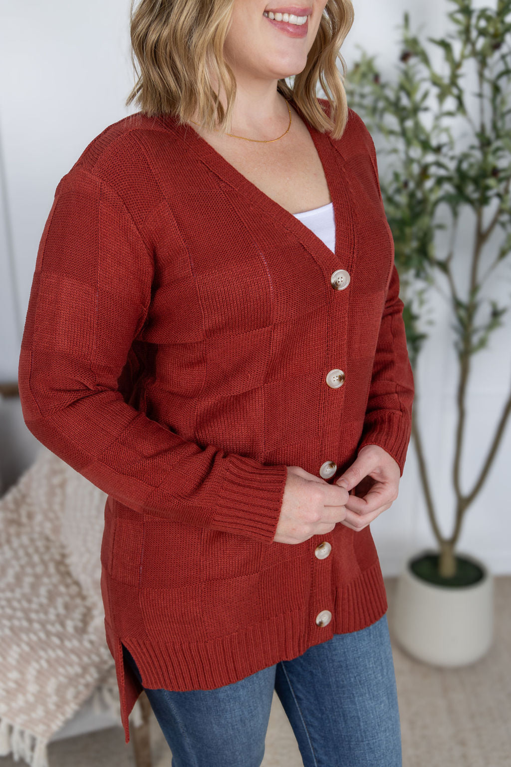 Chelsea Checkered Cardigan - Brick