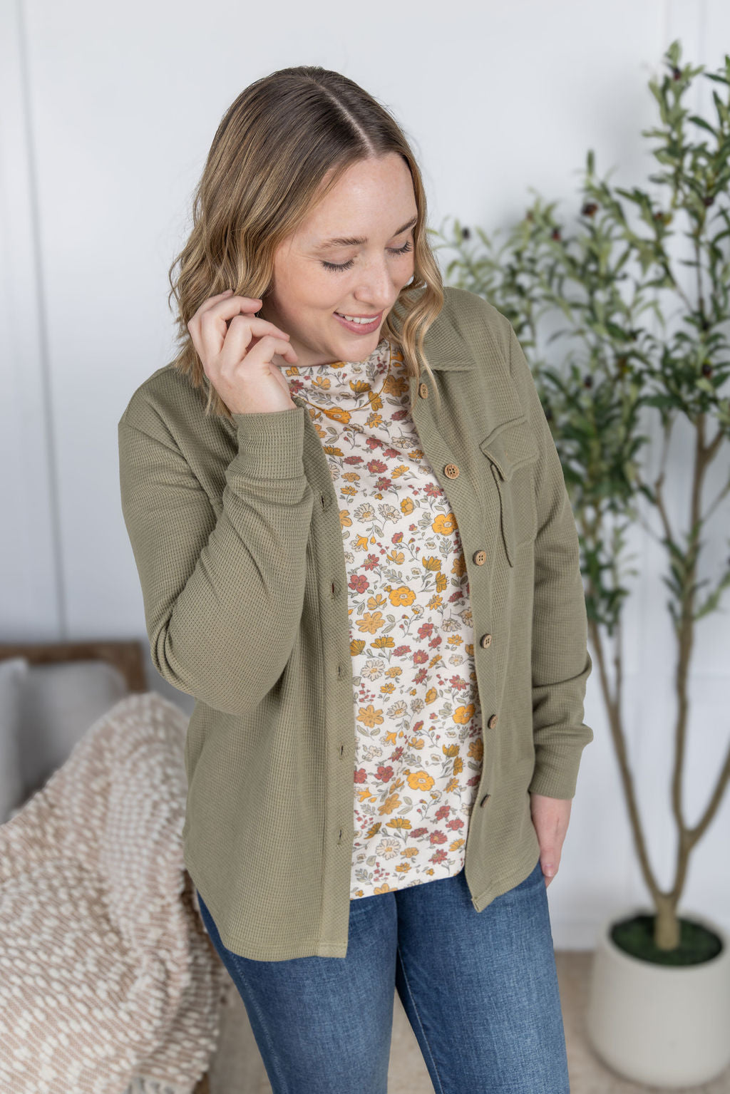 Thermal Knit Button Top - Light Olive