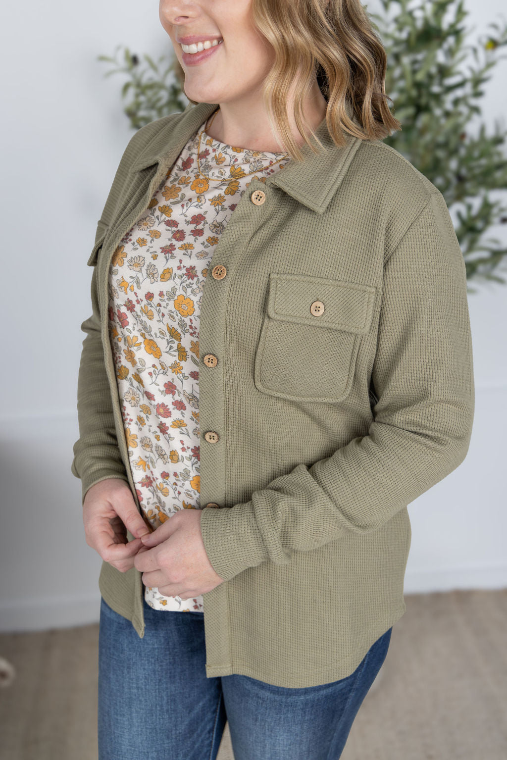 Thermal Knit Button Top - Light Olive