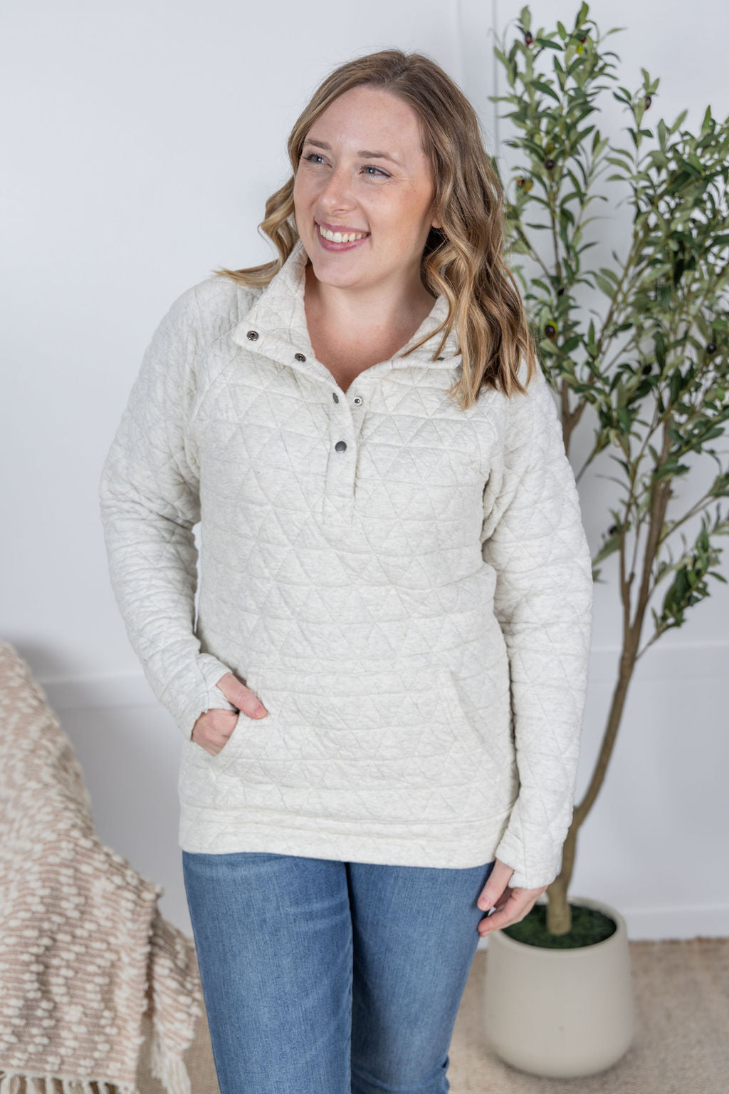 Geometric Button Snap Pullover - Oatmeal